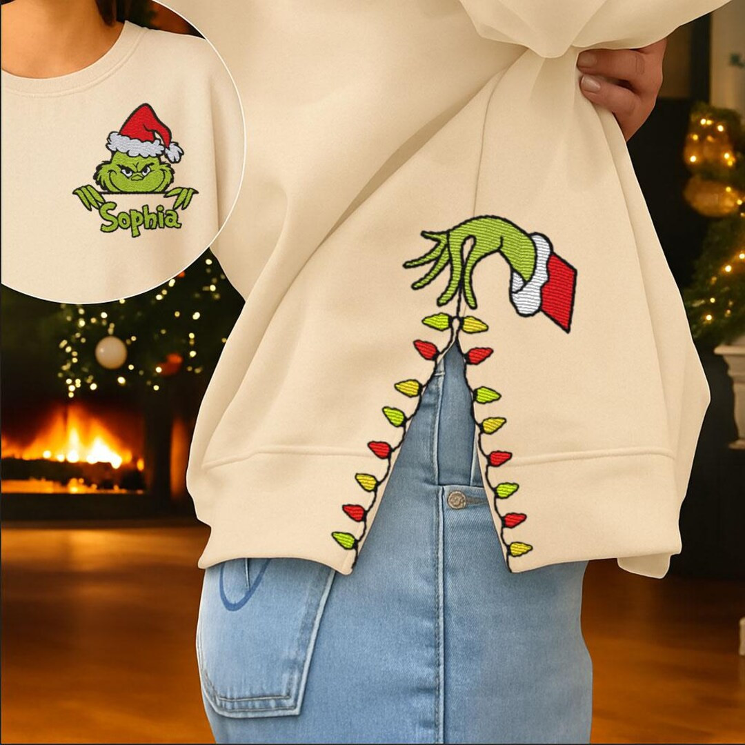 Custom Grinch Side Bow Cut-out Sweatshirt, Christmas Bow Embellished Sweatshirt, Funny Grinch Han... | Etsy (US)