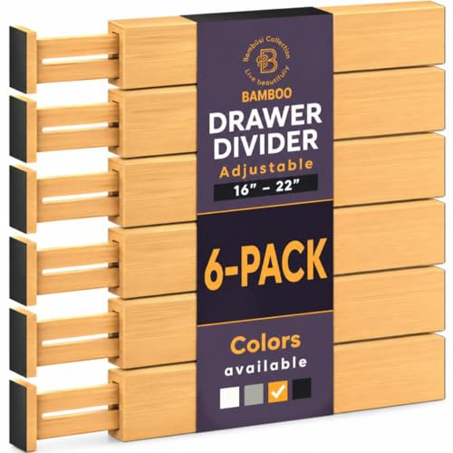 6-Pack Bamboo Drawer Dividers - 2.6 in High, Adjustable 16 to 22 in Expandable Drawer Organizers and Dresser Separators for Clothes, Bedroom, Bathroom, Kitchen, and Office Organization and Storage | Amazon (US)