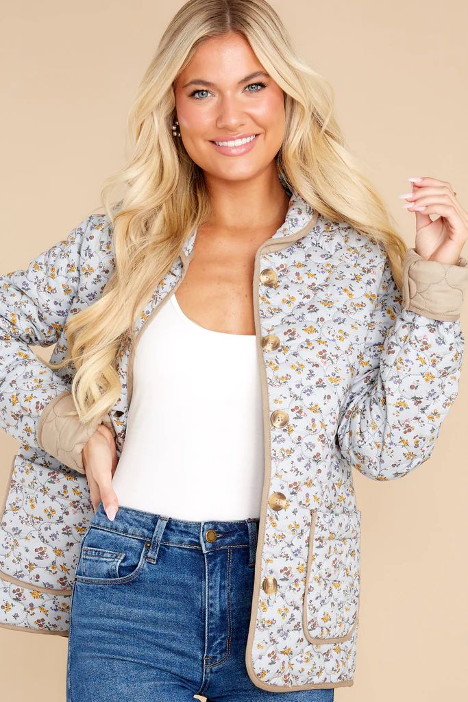 Grow For It Dusty Blue Floral Print Reversible Jacket | Red Dress 