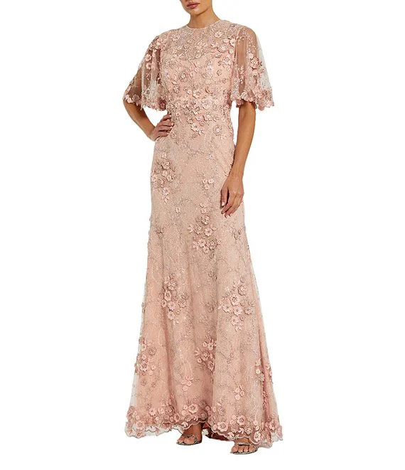Floral Embellished Net Crew Neck Short Flutter Sleeve Gown | Dillard's