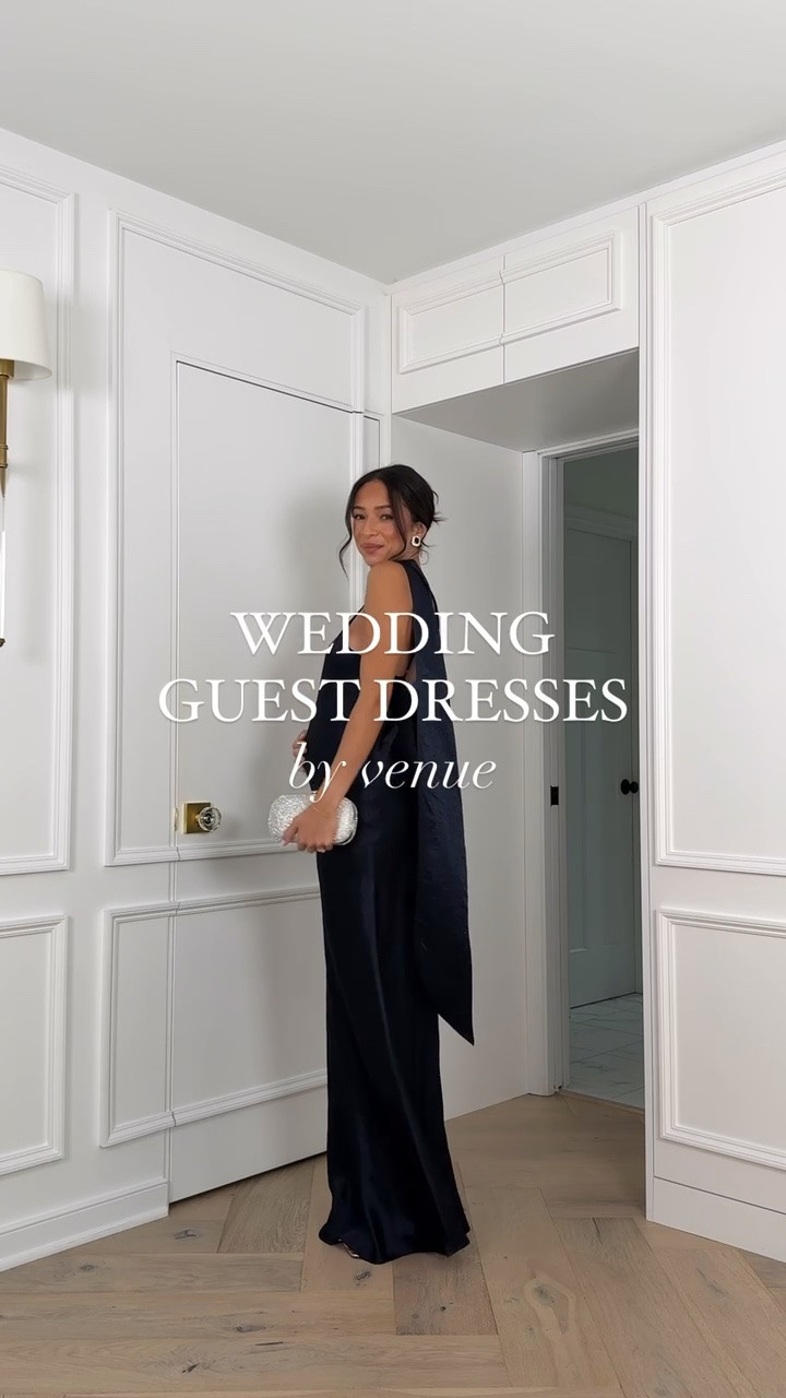 Fall wedding guest dresses by venue 🤎 Which wedding guest look is your favorite?! These dresses are all bump friendly and perfect for fall wedding season Sizing details below 👇🏽 Navy maxi dress - M Burgundy maxi dress - S Black ruffle dress - S Slate grey maxi dress - S