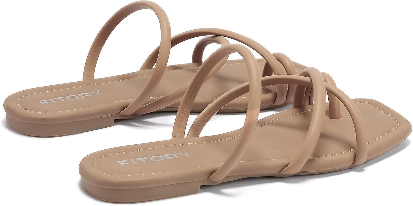 FITORY Women's Slide Sandals Flat Toe Ring Thongs with Cross Strap for Summer Size | Amazon (US)