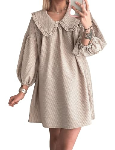 2025 Women's Babydoll 3/4 Puff Sleeve Plaid Mini Dress Lapel Doll Collar Loose Y2k Dress | Amazon (US)