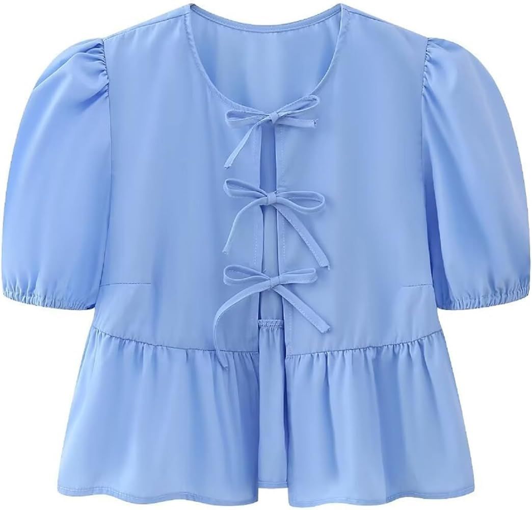 Y2K Tie Front Tops for Women Ruffle Babydoll Peplum Shirt Blouse Puff Short Sleeve Top Summer Goi... | Amazon (US)