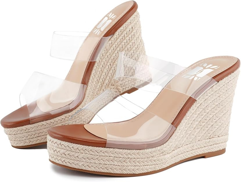 VARECOLA Women Slip On Espadrille Platform Wedge Sandals Slide Open Toe Clear High Heel Sandals |... | Amazon (US)