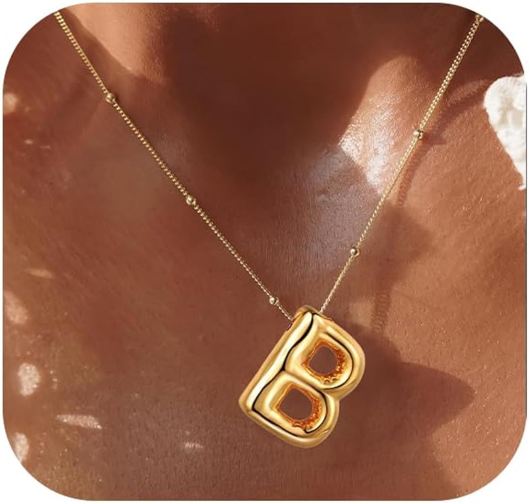 Gold Bubble Letter Necklace for Women Balloon Initial Pendant Dainty Alphabet Pendant 14K Gold Pl... | Amazon (US)