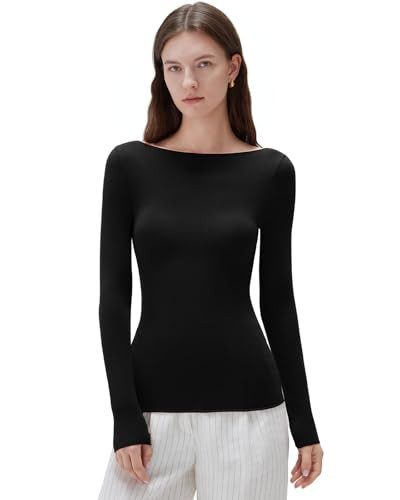 SUUKSESS Cloud Cashmere Women Boat Neck Fitted Long Sleeve Shirt Basic Knit Tops | Amazon (US)