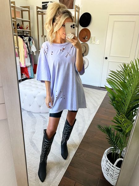 Macy25 25% off! The post. Oversized tee. Distressed tee. Spring outfit. Western boots. Cowboy boots 