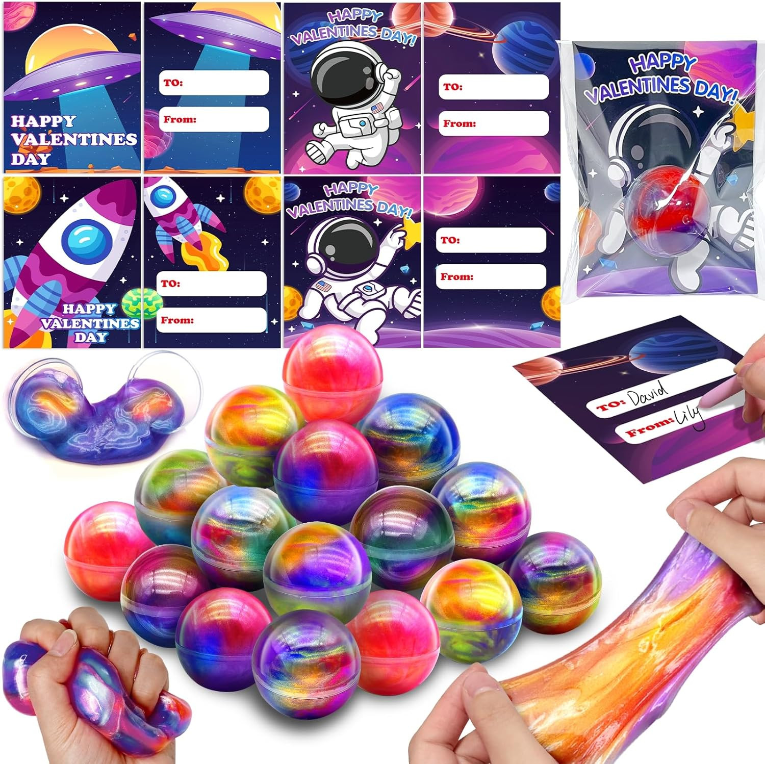 28 Pack Valentines Day Cards for Kids School with Galaxy Slime, Valentines Day Gifts for Kids Cla... | Amazon (US)