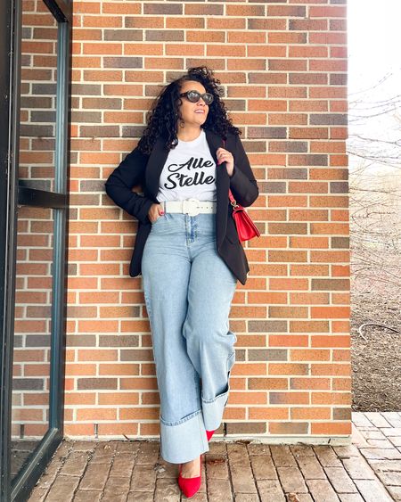 Casual weekend vibes in these wide cuff jeans paired with a graphic tee and this black blazer.
#casualstyle #widelegjeans #midizefashion #fashionover40 #over50style #igstyle #kohls #curvygirl #curlygirl 

#LTKmidsize #LTKover40 #LTKfindsunder50