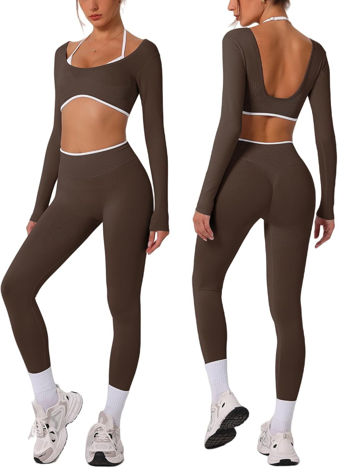 OMEWEE Workout sets for women Long Sleeve Adjustable halter strap Crop Top and Anti-squat Pants for gym,Yoga,Pilates | Amazon (US)