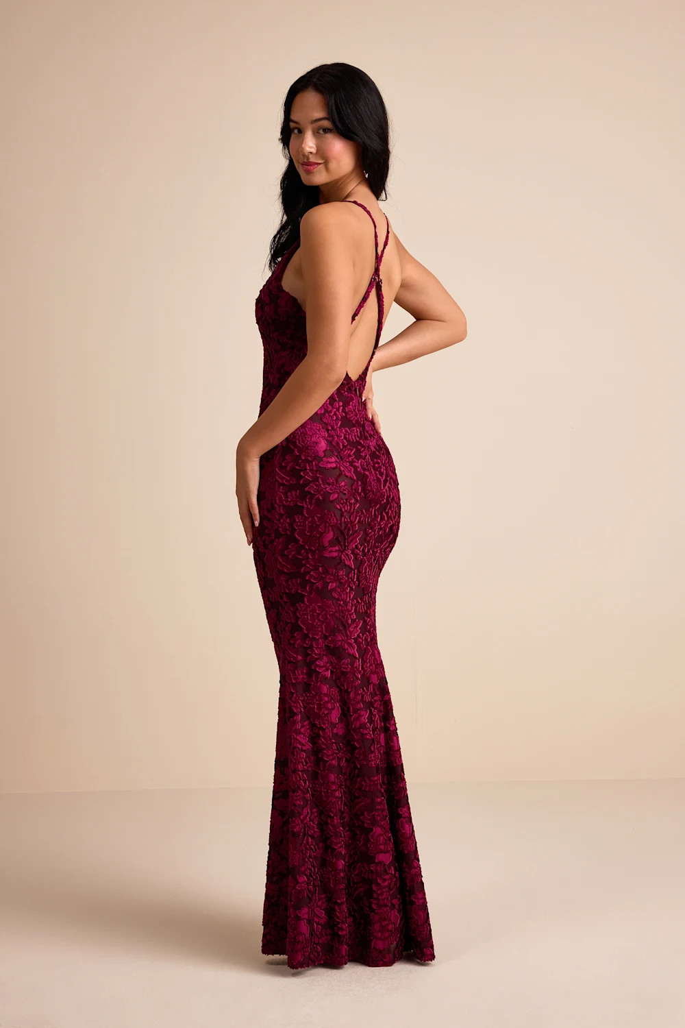 Renissa Burgundy Burnout Velvet Backless Mermaid Maxi Dress | Lulus