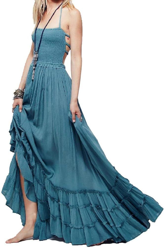 R.YIposha Women's Sleeveless Halter Beach Dresses Strappy Backless Bohemian Maxi Long Dress | Amazon (US)