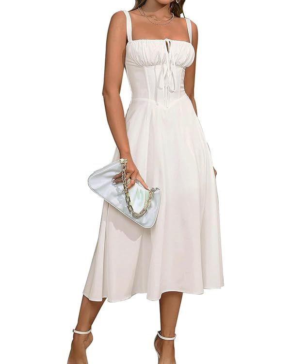 Floral Midi Corset Dress Boho Flowy Slit Lace Up Dresses for Women Going Out A Line Casual Sundre... | Amazon (US)