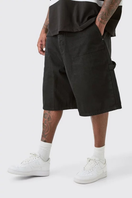 Plus Carpenter Detail Denim Jorts In Black | boohooMAN (US & Canada)