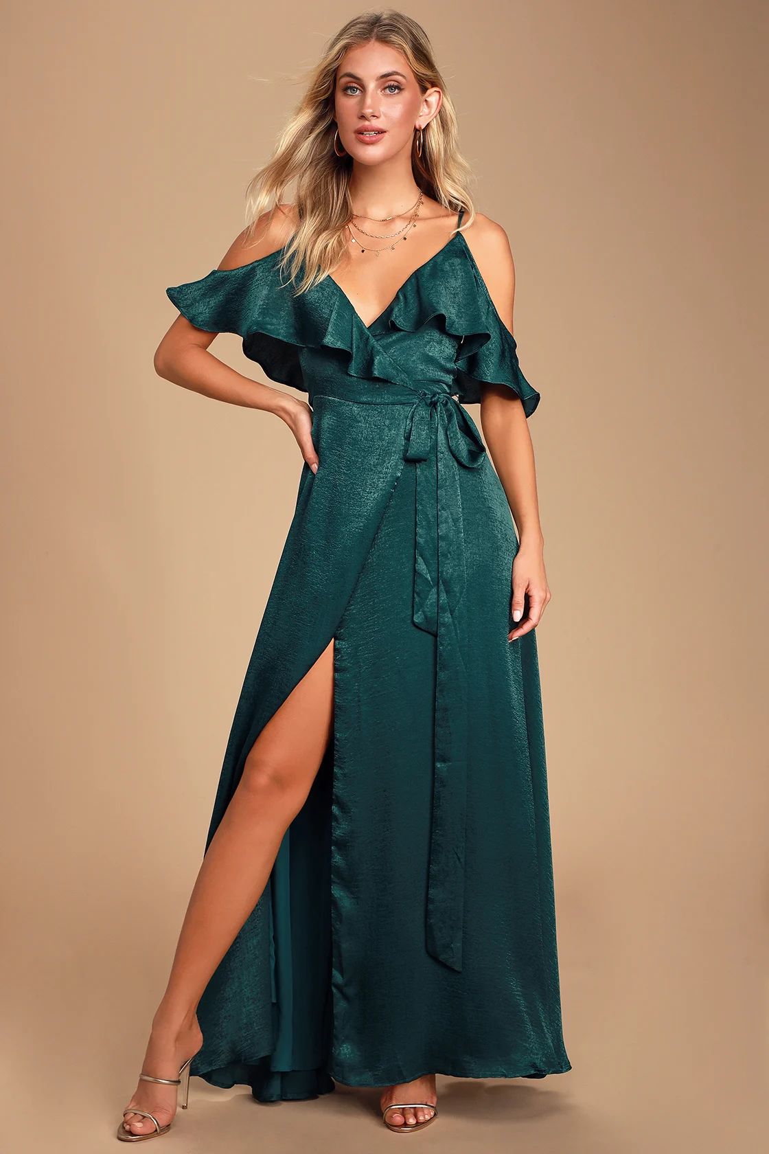 Moriah Emerald Green Satin Wrap Maxi Dress | Lulus (US)