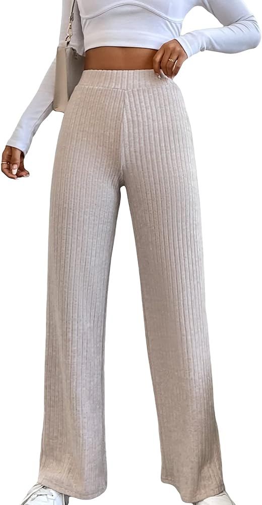 GORGLITTER Women's Wide Leg Ribbed Knit Pants High Waist Elastic Flare Palazzo Pants Trousers | Amazon (US)
