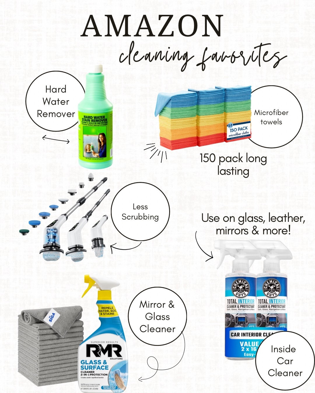 ✨ Amazon Cleaning Favorites You’ll Love! ✨
I rounded up my must-have Amazon cleaning products that keep my home sparkling clean and organized 🏡✨ These top-rated picks are total game-changers for tackling hard water stains, scrubbing every surface, and making car interiors shine like new!

✔️ Powerful hard water stain remover
✔️ Durable microfiber towels (150-pack!)
✔️ Spin cleaning brush for deep scrubbing
✔️ Glass & surface cleaner for a streak-free finish
✔️ Car interior cleaner + protectant

These products are affordable, high-quality, and designed to make cleaning faster and easier. Trust me, once you try them — you’ll wonder how you lived without them!

#AmazonCleaning, #CleaningFavorites, #AmazonFinds, #HomeCleaning, #CleaningTools, #LTKHome, #LTKAmazon, #AmazonMustHaves, #SparklingClean, #OrganizedHome, #CleanWithMe, #BestCleaningProducts, #AmazonDeals, 

#LTKStyleTip #LTKSaleAlert