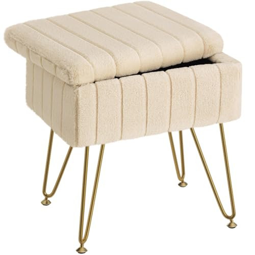 Greenstell Vanity Stool Chair Faux Fur with Storage, 15.7"L x 11.8"W x 19.4"H Soft Ottoman 4 Metal Legs with Anti-Slip Feet, Furry Padded Seat, Modern Multifunctional Chairs for Makeup, Bedroom,Camel | Amazon (US)
