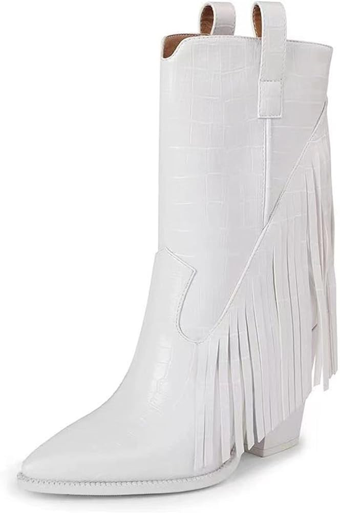 SEIFIN Women's Fringe Cowgirl Boots Chunky Mid Heels Pointed Toe Western Cowboy Tassel Boots | Amazon (US)