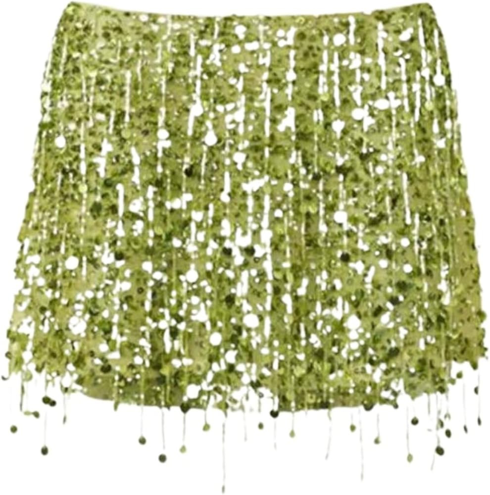 Sequin Sets for Women 2 Pieces Vacation Set Sequin Halter Fringe Skirt Cocktail Beach Outfits | Amazon (US)