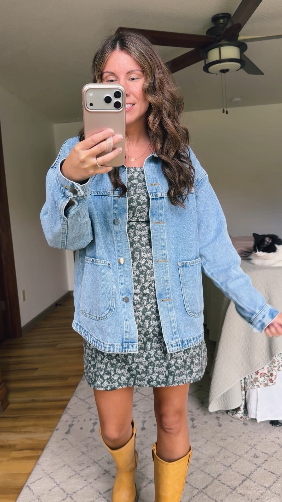 Fall Sunday church outfit🌼

Wearing xs in my dress, xs in my denim chore jacket (selling out—also linked similar!)  and 6 in my Walmart boots