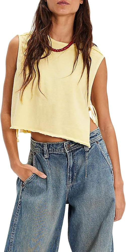 Womens Free Tie Side Front Slim Fit Camisole People FP Dupes Tank Top Vest Y2k Graphic Floral Print Graffiti Cute Teen Girls Summer Going Out Aesthetic Cami Sleeveless Streetwear Shirts Crop Tops at Amazon Women\u2019s Clothing store | Amazon (US)