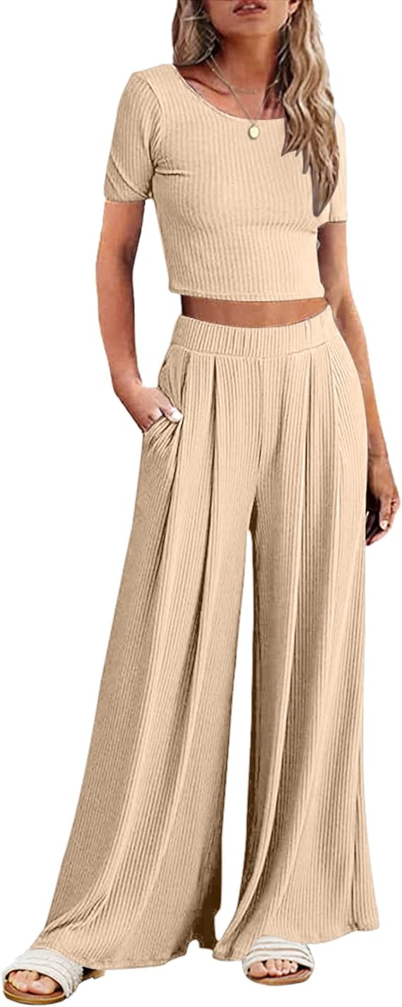 Ekouaer Women's 2 Piece Lounge Sets Ribbed Knit Crop Top Wide Leg Pants with Pockets S-XXL | Amazon (US)