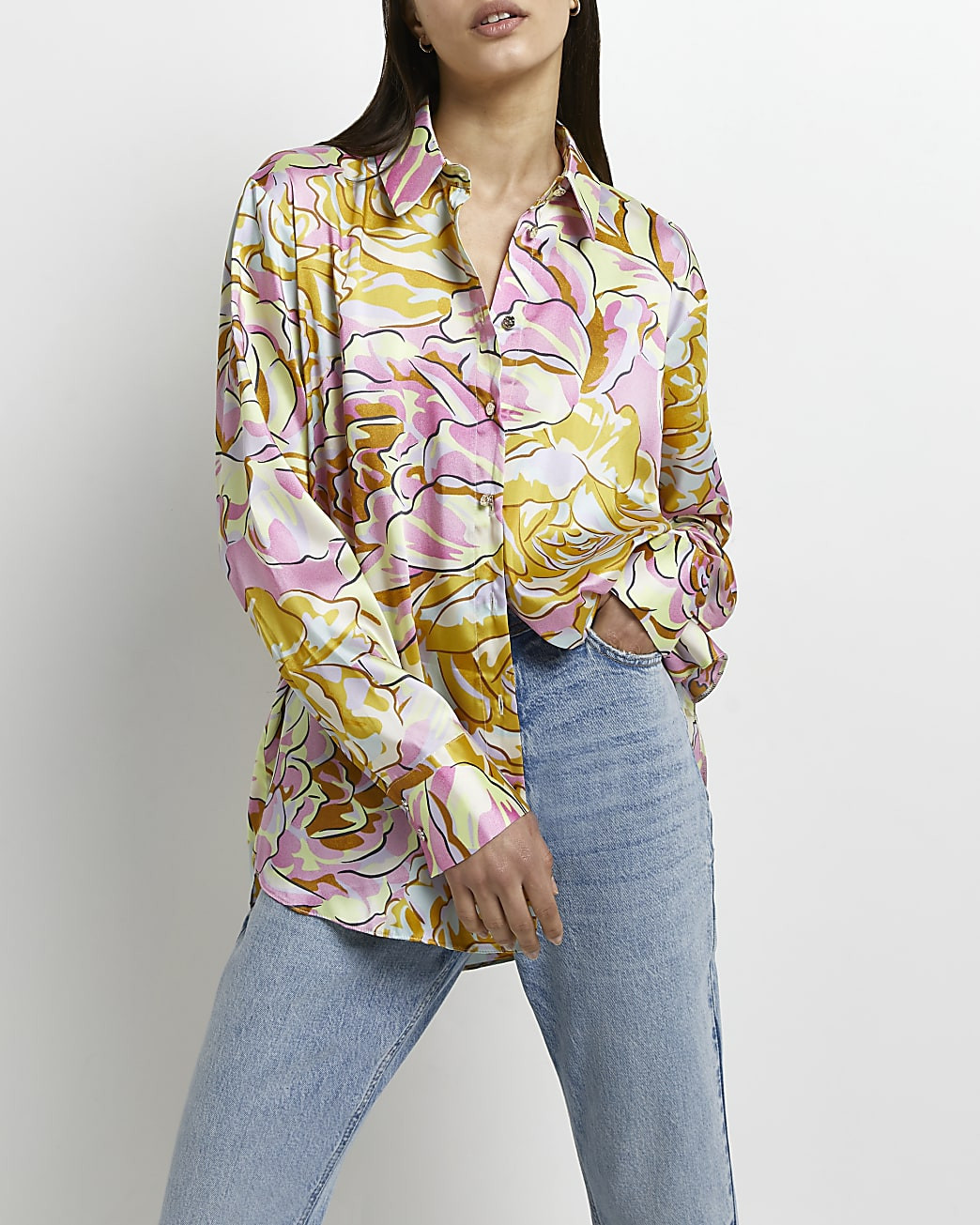 River Island Womens Yellow floral satin shirt | River Island (US)