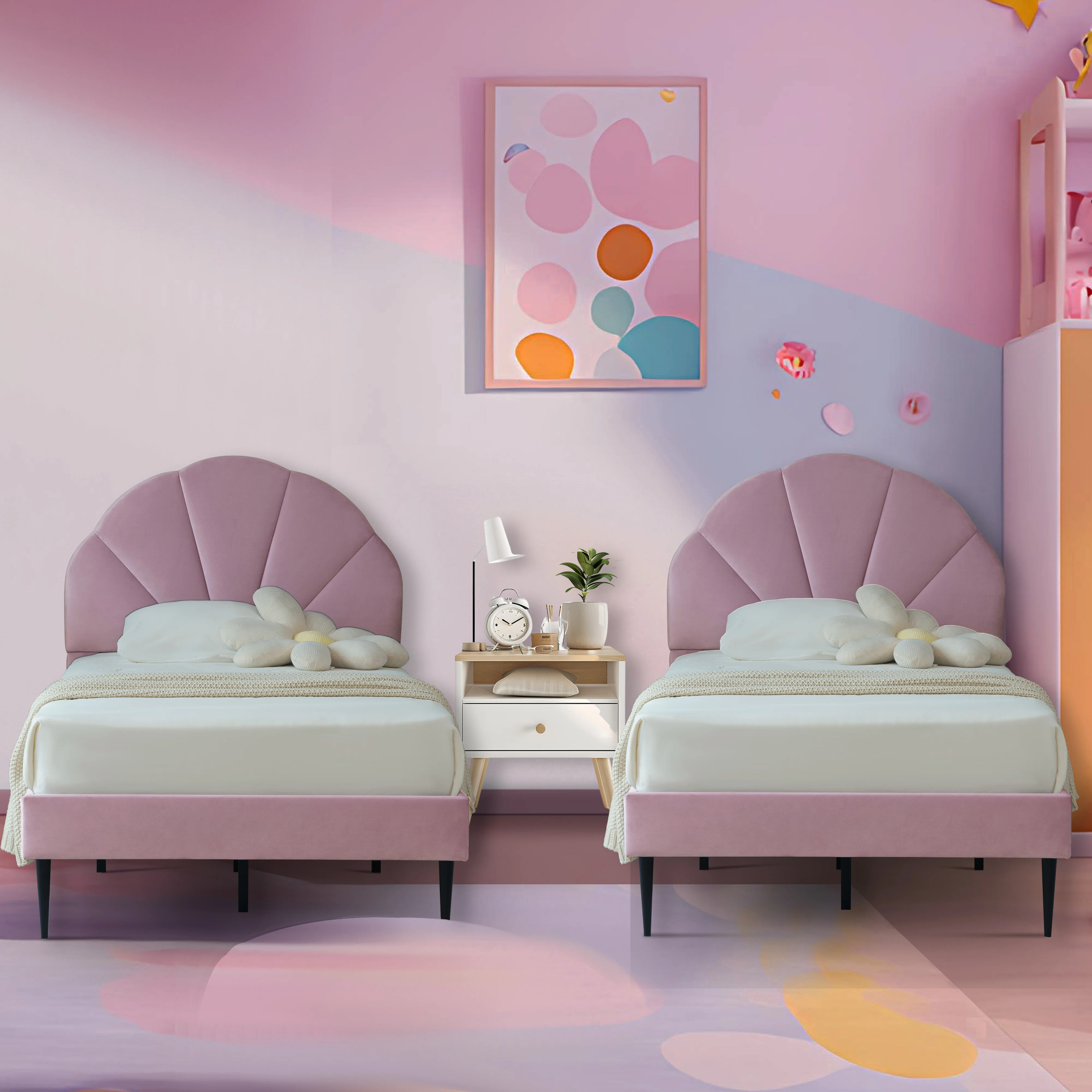 Deeb Twin Size Tufted Upholstered Flower Silhouette Headboard Platform Bed (Set of 2) | Wayfair North America