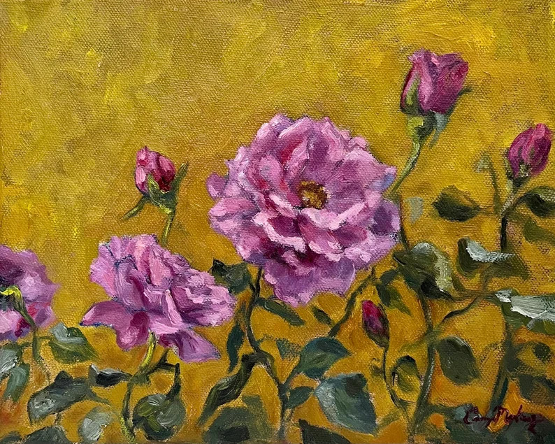 Giclee Print of flora. Lavender Roses Against a Mustard Yellow Background - Etsy | Etsy (US)