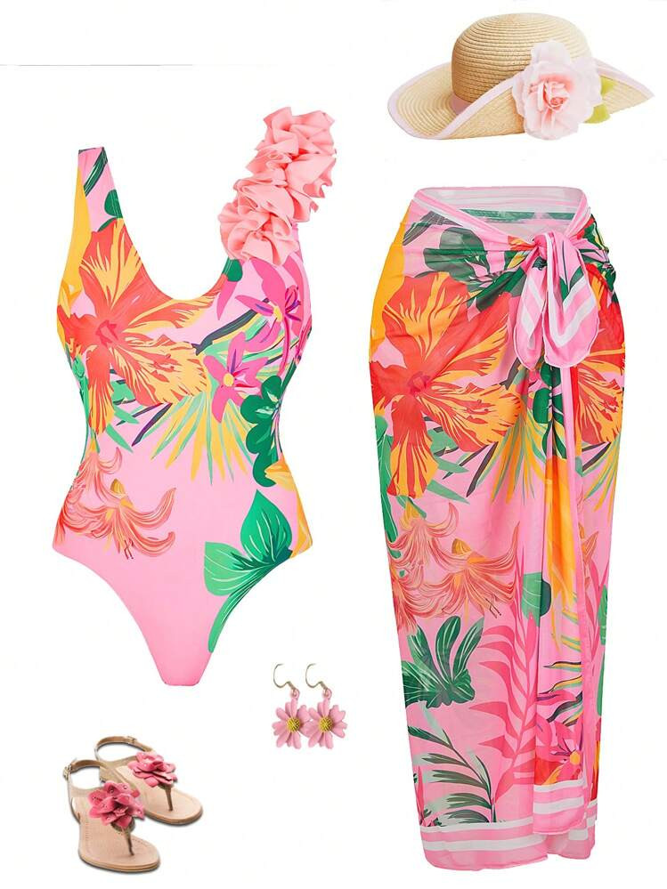 One Piece Swimsuite And Sarong Set | SHEIN