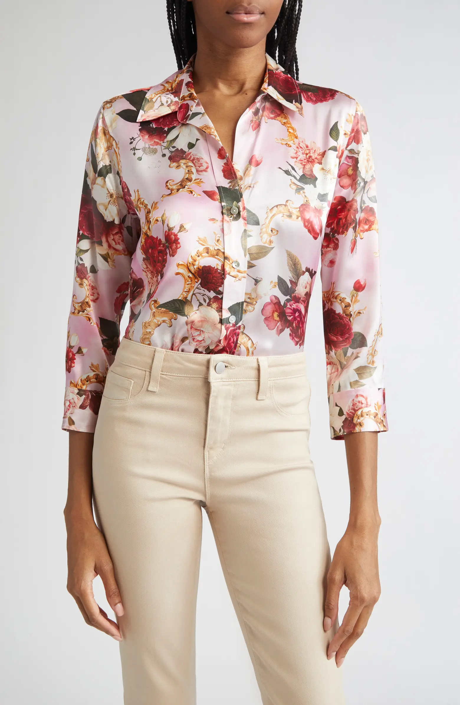 L'AGENCE Dani Three Quarter Sleeve Silk Button-Up Shirt | Nordstrom | Nordstrom