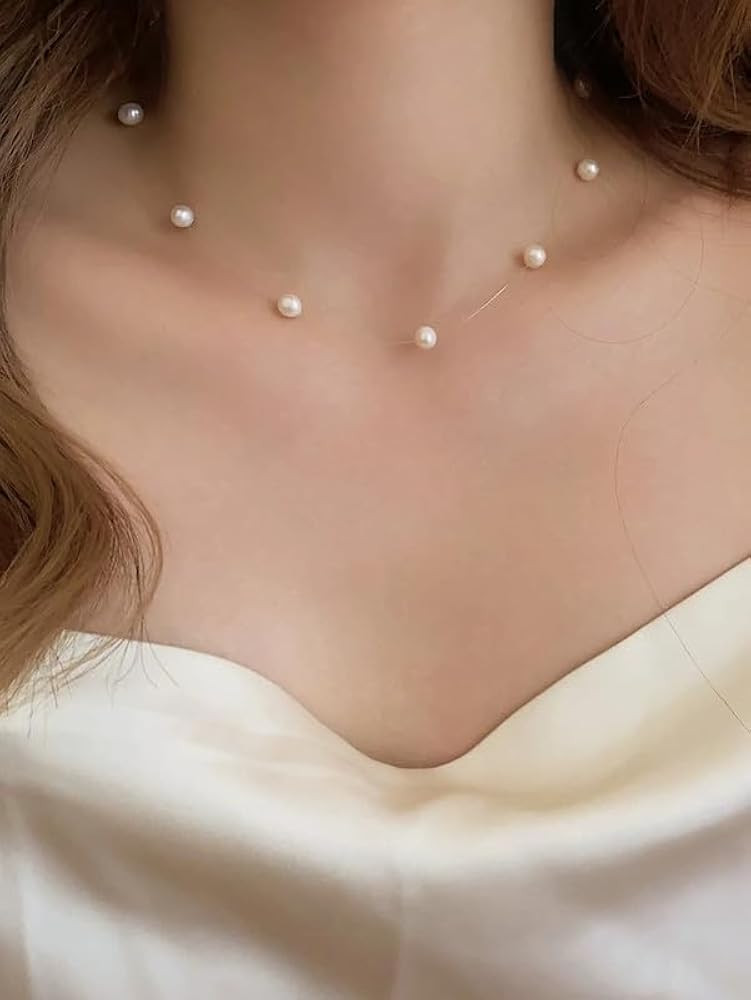 Amazon.com: Faux Pearl Strand Choker Necklace Invisible Line Tiny Pearl Choker Chain String Neckl... | Amazon (US)