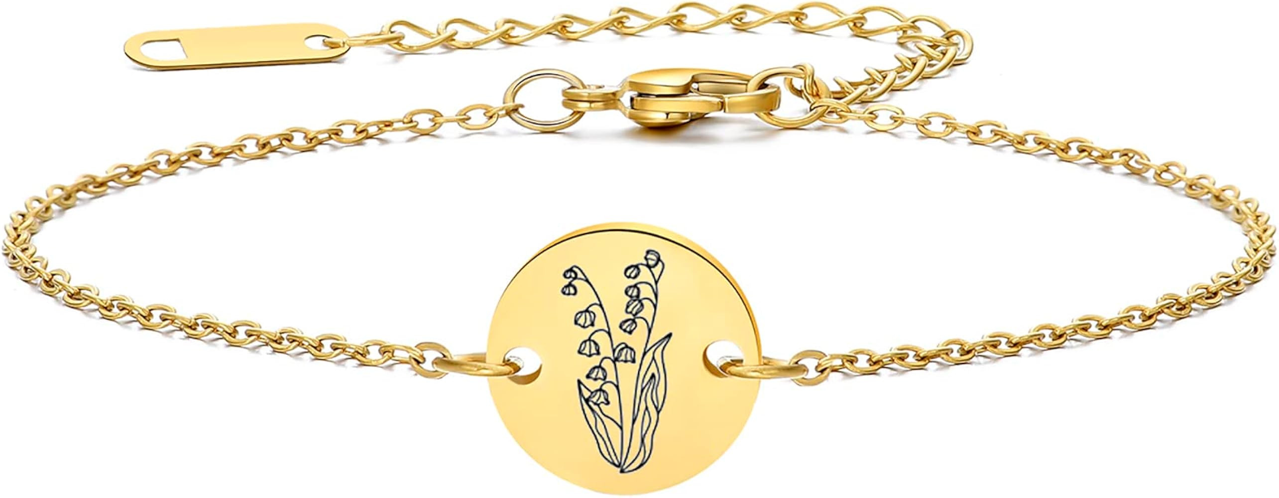 Birth Flower Bracelet 18k Gold Engraved Custom Floral Pendant Bracelets Dainty Stainless Steel Bi... | Amazon (US)