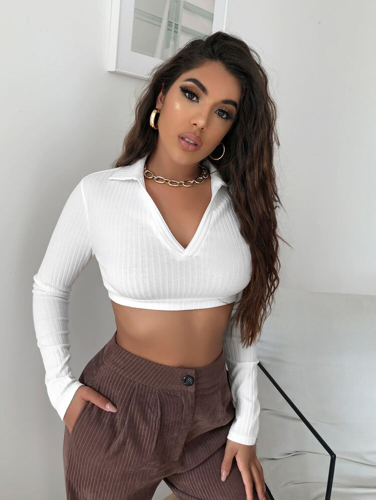 Rib-knit Crop Slim Tee | SHEIN