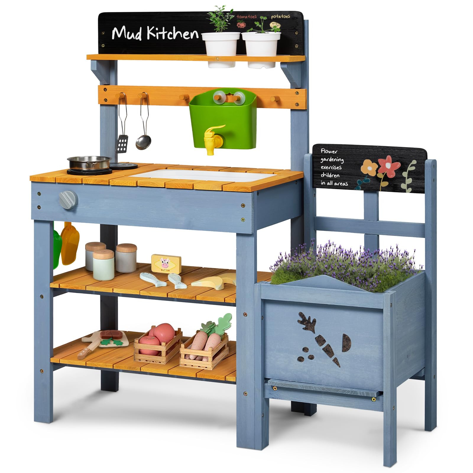 Mud Kitchen with Planter Box, Outdoor Play Pretend Kitchen with Stoves, Removable Sink, Faucet, B... | Amazon (US)