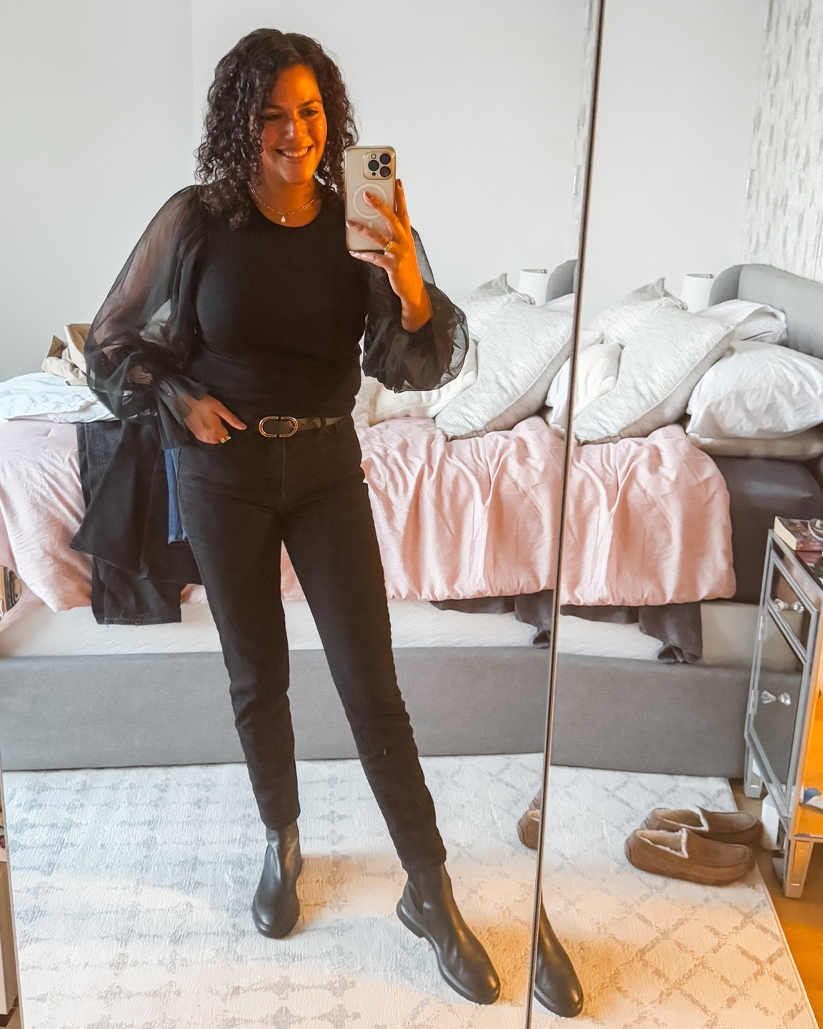 This Vince sweater top is SO fun with its puffy sheer sleeves that I wanted the rest of my outfit to be super simple. I tucked it into slim straight leg black jeans from Old Navy with a black/gold buckle belt and accessorized with gold jewelry! Black Stuart Weitzman Chelsea boots finished off the look  

#LTKStyleTip #LTKMidsize
