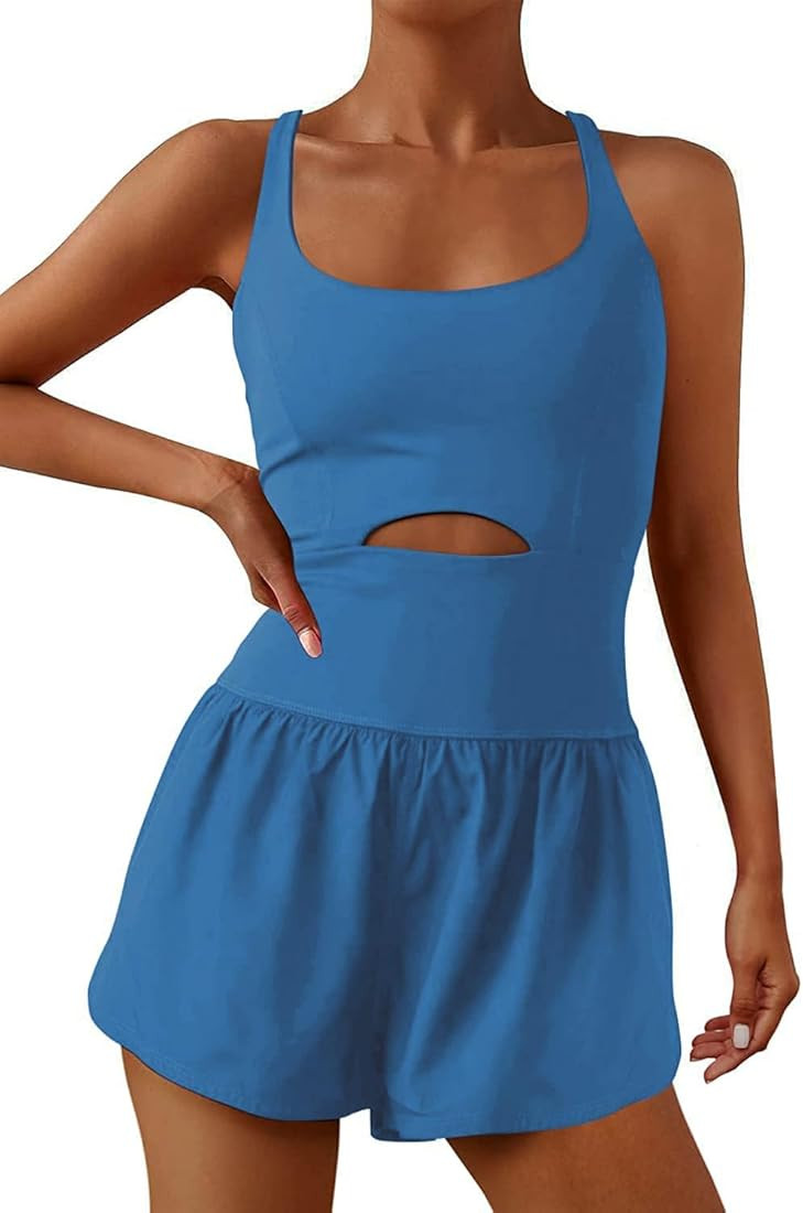 Raxnode Women's Workout Jumpsuits,Yoga Tennis Bodysuit with 2 Pockets Gym Athletic Romper Exercis... | Amazon (US)