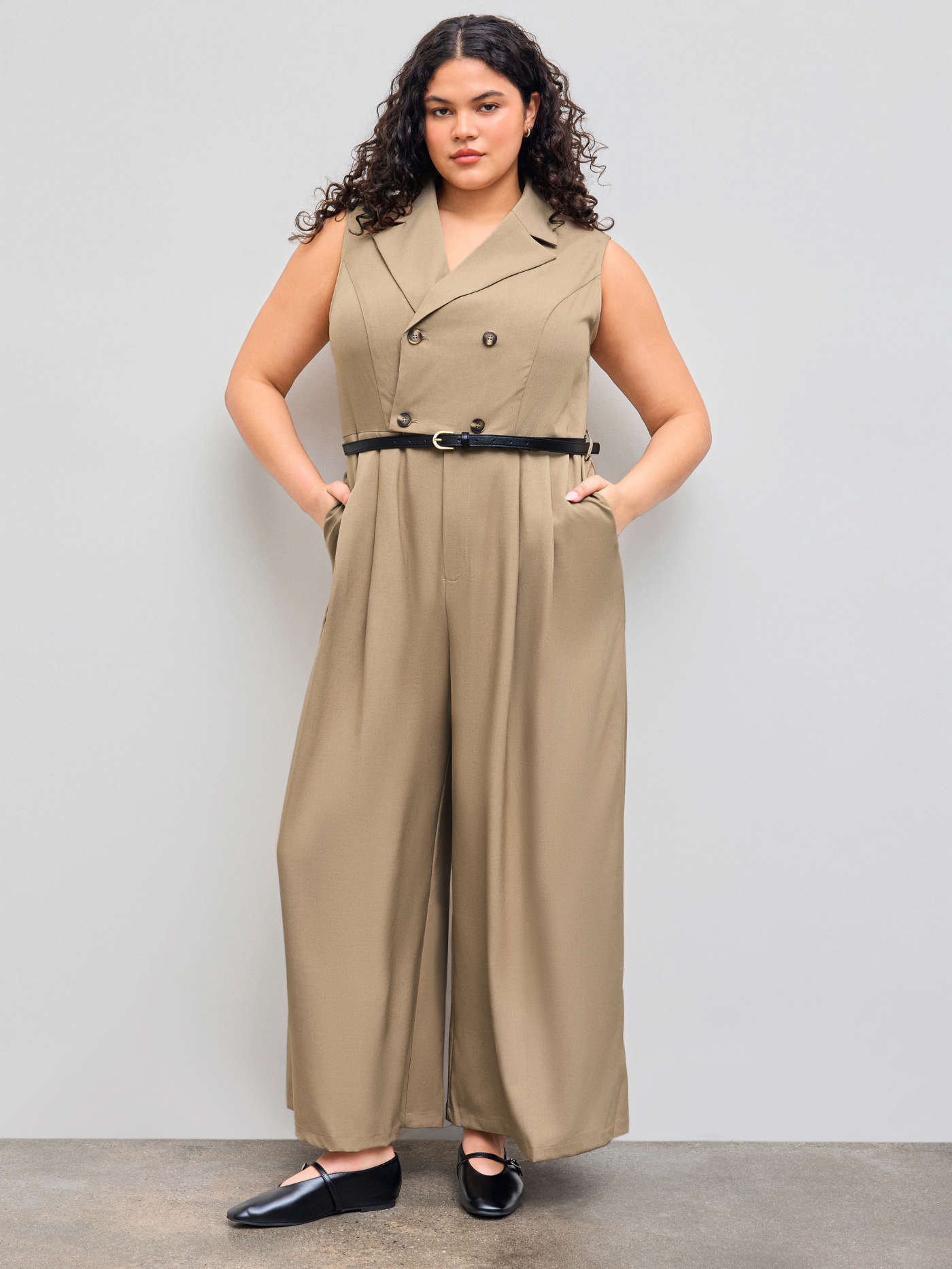Woven Collar Solid Button Pocket Jumpsuit With Belt Curve & Plus For Work | Cider