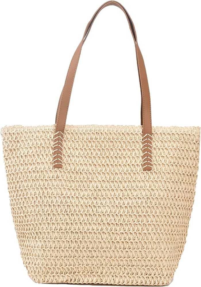 Large Straw Beach Bag for Womens, Straw Handbag Woven Tote Bag With Zipper Summer Straw Shoulder ... | Amazon (US)