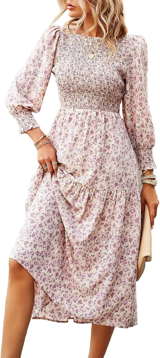 AILLOSA Women's Casual Long Sleeve Floral Dress Crewneck A-Line Mid Length Dress | Amazon (US)
