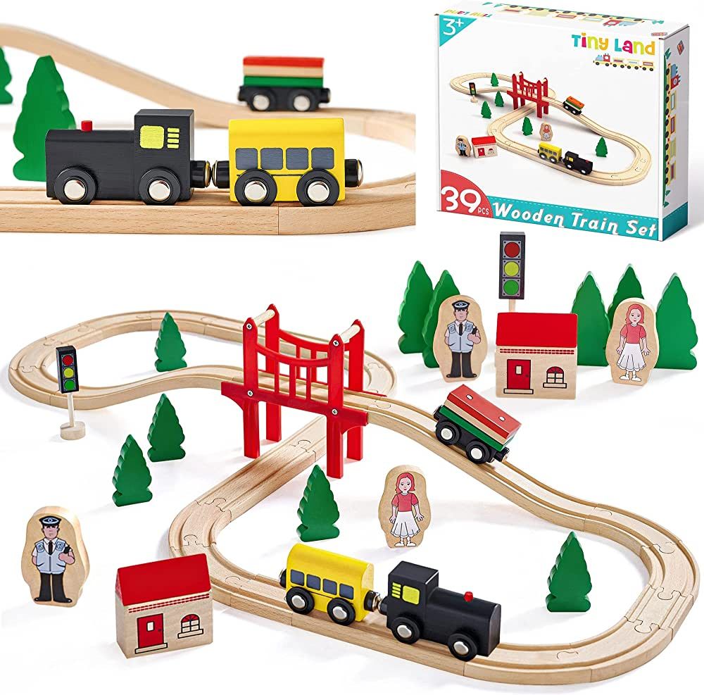 Tiny Land Wooden Train Set for Toddler - 39 Pcs- with Wooden Tracks fits Thomas, fits Brio, fits ... | Amazon (US)