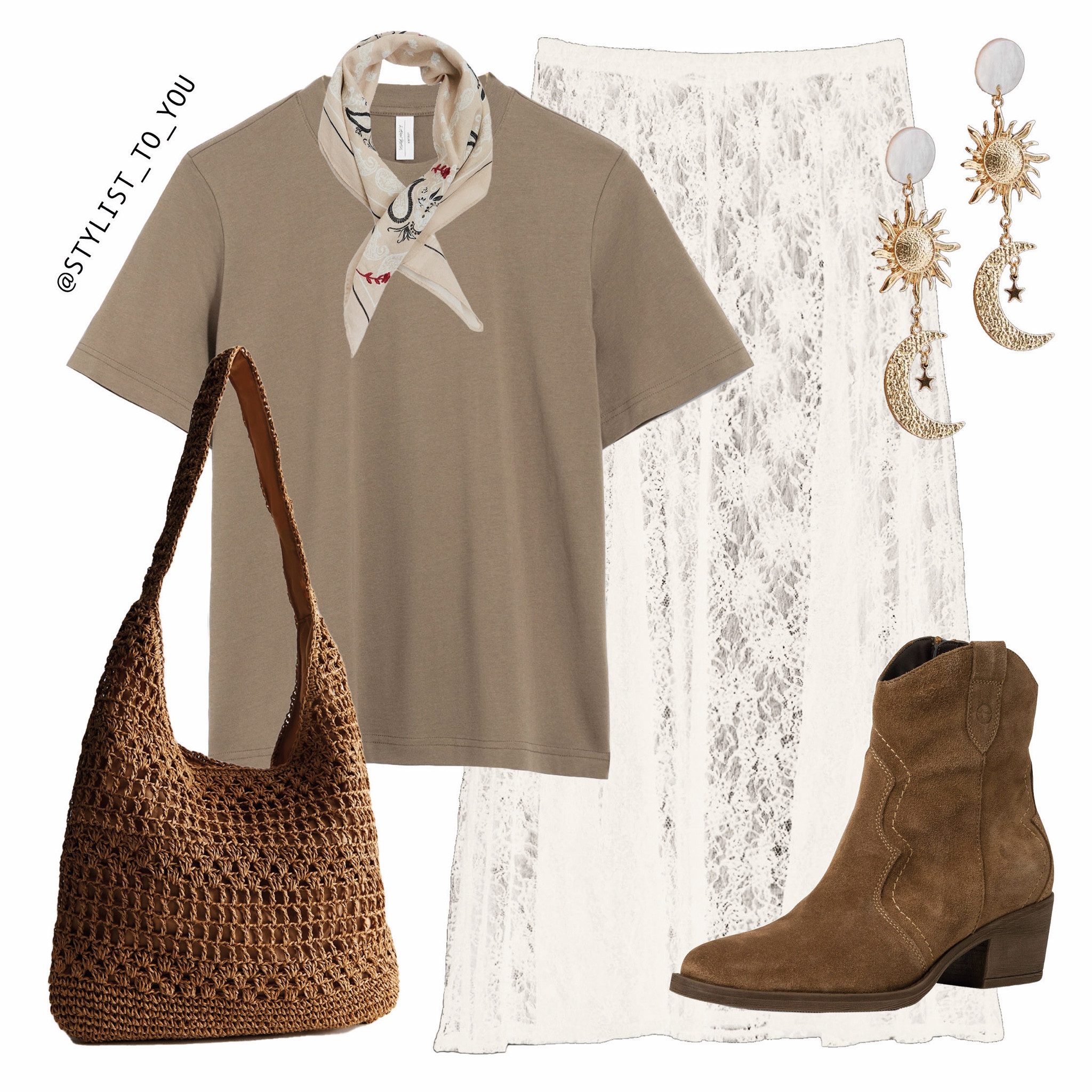 Boho chic outfit with neutral tones 🍂🤎👜

The look features a ladies women’s girls beige brown mocha t-shirt tee top paired with a white cream ecru lace maxi long skirt. Accessories include a cream coloured paisley print pattern square neck scarf neckerchief, celestial themed gold earrings with sun and moon details, a woven crochet brown shoulder bag, and suede brown ankle western cowboy boots

Fall, Autumn, AW25, neutral tones, beige t-shirt, white lace skirt, celestial, gold accessories, fall fashion, casual chic, earthy tones, effortless style, lace and suede, neutral, colourless, sophisticated look, classic, everyday outfit, effortless style, accessories, easy outfit, capsule wardrobe, smart look, spring outfit, new look, & other stories, H&M, & other stories, timeless, chic, city break, business, office, workwear, modern look, timeless, stylish outfit, simplicity, simple, it girl, smart casual, relaxed, neutral colours, Autumn Style, Fashion Inspiration, Outfit Ideas, Going out, Casual Outfits, Virtual Stylist, Styling Tips, How to Wear, Wardrobe Inspo, Fashion Trends, Elegant, Capsule Closet, Everyday Look, Style Daily, Minimalist, What to Wear, Street Style, Cute Outfits, Aesthetic Neutral Style, Trendy style, Comfortable and stylish, Chic Trends, autumn Fashion, Style Ideas, trending, style guide, elevated, feminine, SS24, What to Wear

#LTKeurope #LTKuk #LTKautumn