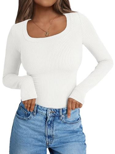 AUTOMET Long Sleeve T Shirts for Women Textured Going Out Y2k Tops Scoop Neck Ribbed Fall Winter Clothes, White, S | Amazon (US)