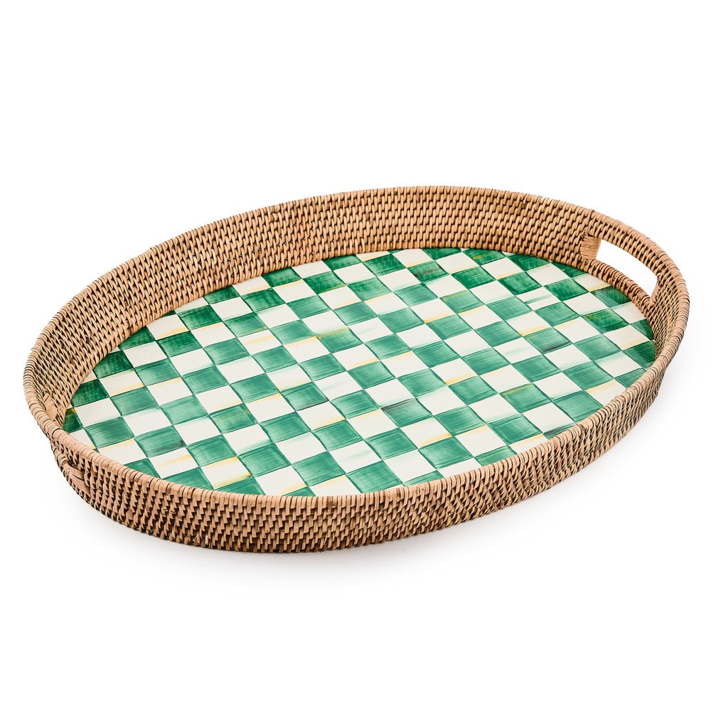 Emerald Check Enamel & Rattan Party Tray | MacKenzie-Childs