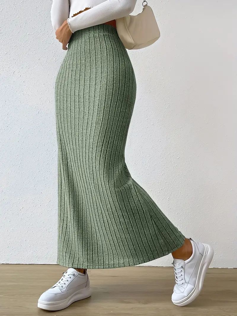 Solid Ribbed Split Skirt Casual High Waist Maxi Skirt - Temu | Temu Affiliate Program