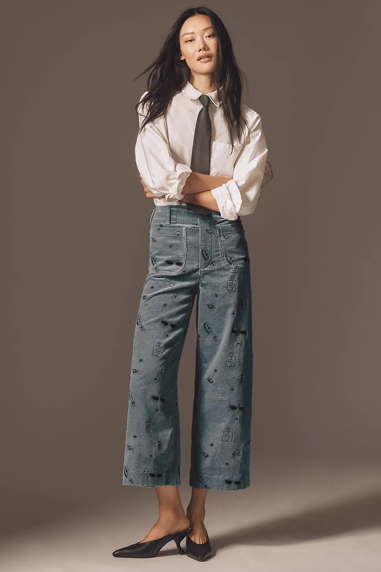 The Colette Crop Wide-Leg Embroidered Corduroy Pants by Maeve | Anthropologie (US)