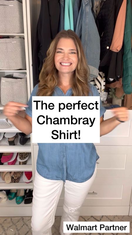#walmartpartner I finally found the PERFECT short sleeve chambray shirt! I have literally been looking for 2 years. I paired it with these cute button fly white jeans which fit TTS in a 10. The material is super soft and it is longer in the back for jeggings. It runs big so I sized down one and I just love it. @walmartfashion #walmartfashion 
#teacheroutfits #summerworkoutfit 
Teacher outfits / summer work outfits / summer business casual outfits / short sleeve denim shirt / cropped white jeans


#LTKOver40 #LTKFindsUnder50 #LTKWorkwear