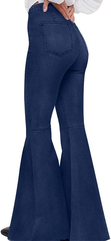 Women's Fashion Bell Bottom Pants High Waist Tassel Stretch Curvy Fit Jeans Blue | Amazon (US)